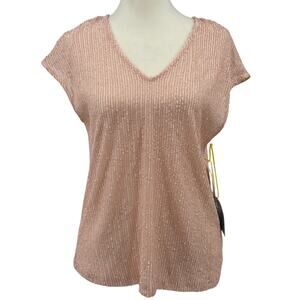 CeCe Sequined Top WMNS XS Blush Pink Cap Sleeve V-Neck Lined Semi Sheer Textured
